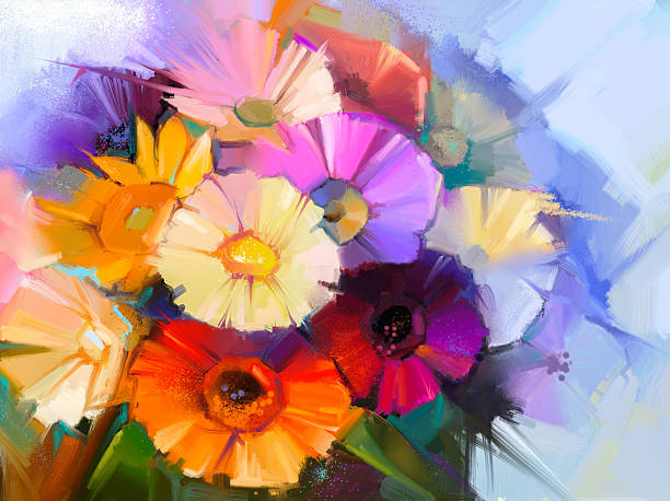 istock Oil painting still life daisy, gerbera flowers 516628114