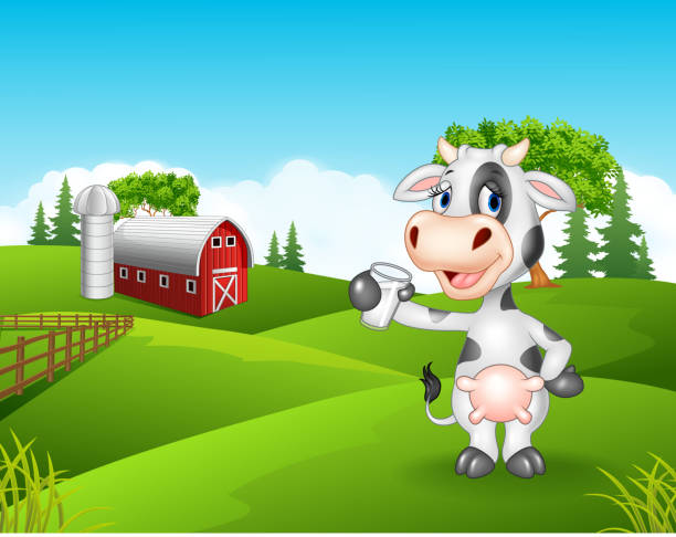 istock Cartoon cow holding glass in the farm 516628352