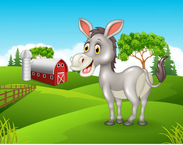 kreskówka, szczęśliwy osioł w gospodarstwie - mule careless animal ignorance stock illustrations