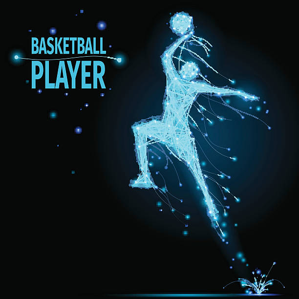 Basketball player polygonal Abstract basketball player in motion with cybernetic particles. Vector mesh spheres from flying debris. Basketball man jumping polygonal thin line concept. silhouette of basketball player slam dunk stock illustrations