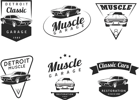 Set of classic muscle car emblems, badges and icons. Service car repair, car restoration and car club design elements.