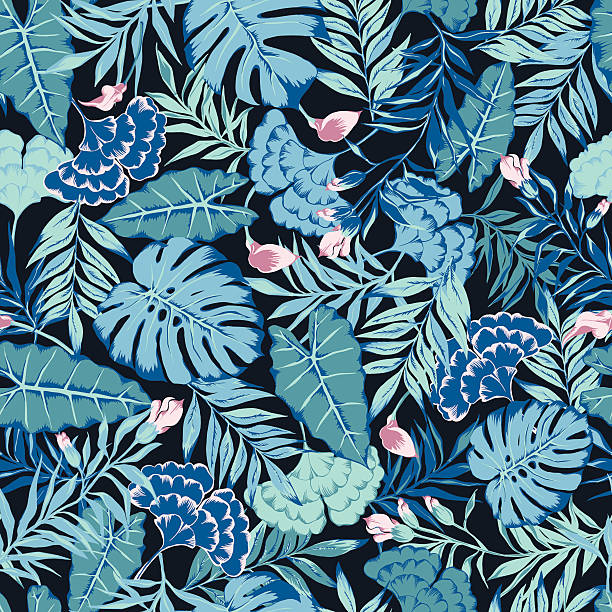 illustrazioni stock, clip art, cartoni animati e icone di tendenza di vettoriale vernice blu e rosa foresta pluviale tropicale motivo all over con fiori - arema