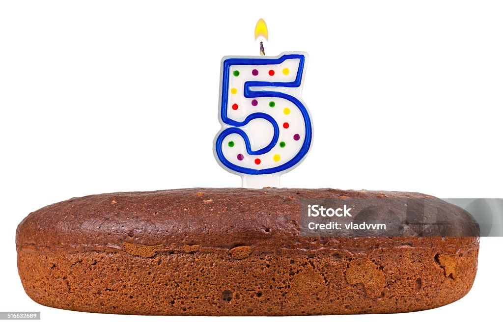 birthday cake with candles number five isolated on white birthday cake with candles number five isolated on white background Anniversary Stock Photo