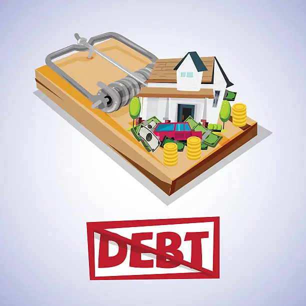 Vector illustration of house and car with money on trap. debt trap