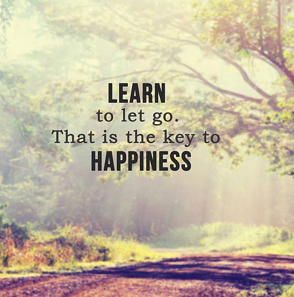 Inspiational quotes: Learn to let go, that is the key of happiness quotes  blurry image of sunbeam through trees and a path background retro style for background purpose
