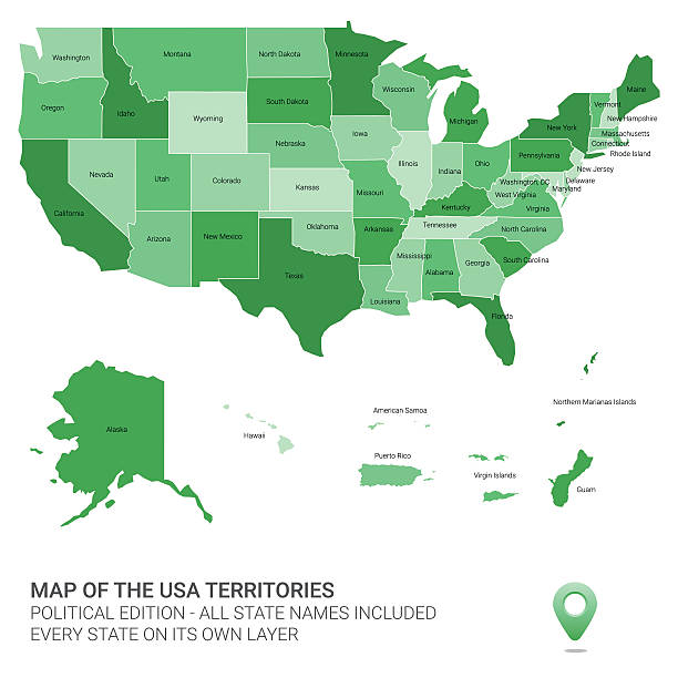 farbe karte der vereinigten staaten von amerika-territorien - guam stock-grafiken, -clipart, -cartoons und -symbole