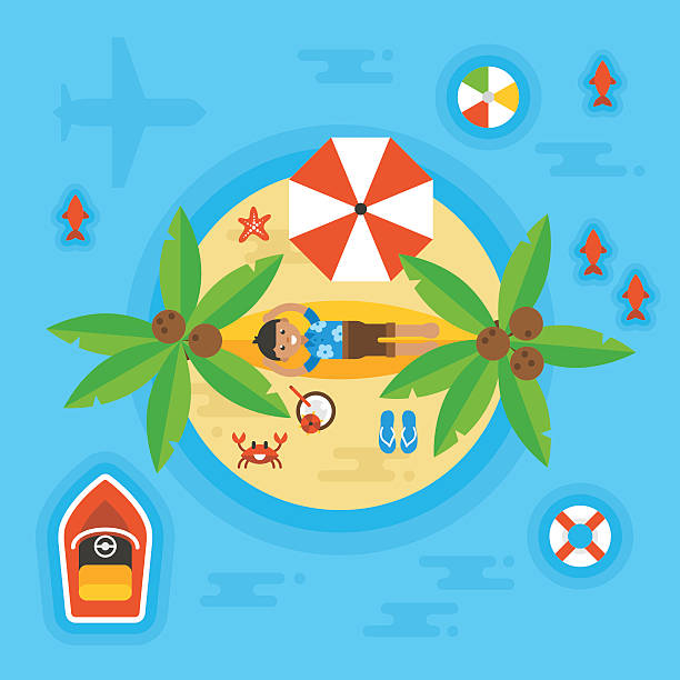Summer holiday vacation concept with man on desert island. Summer holiday vacation concept with man on desert island. Overhead view. Vector illustration fish swimming from above stock illustrations