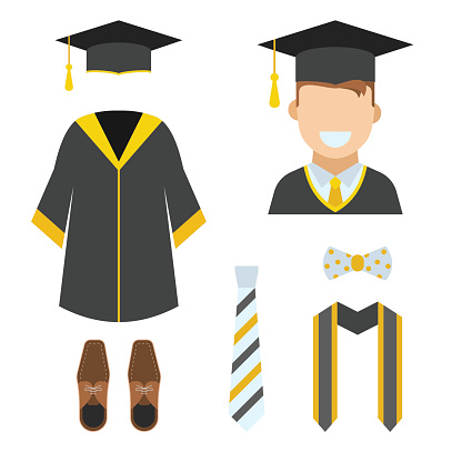 Graduation clothes and accessories set. Ceremonial gown, tie, ribbon, shoes, bow-tie and hat with happy graduate guy vector icon isolated on white. Graduation ceremony robe. Bachelor wear set.