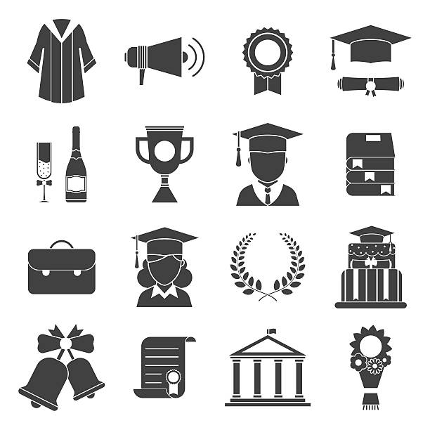 illustrazioni stock, clip art, cartoni animati e icone di tendenza di giorno della laurea certificazione cerimonia icone vettoriali - graduation gown