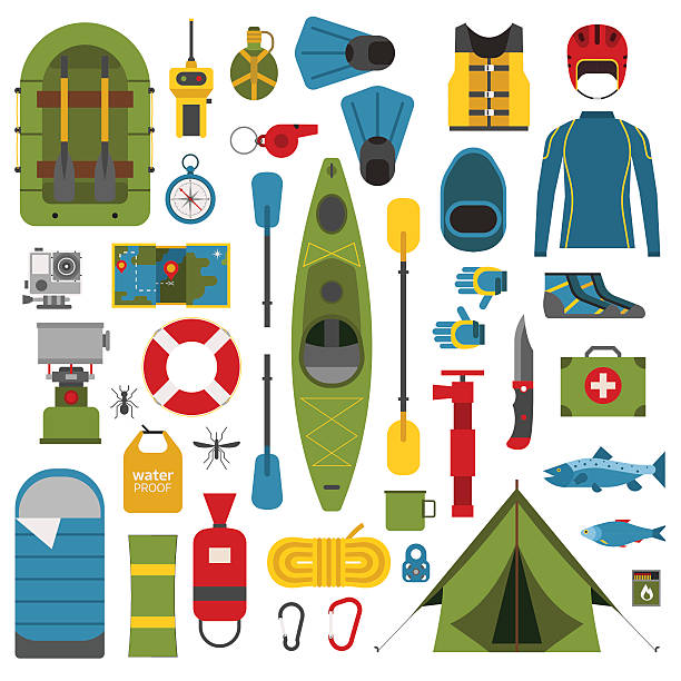 Camping and Hiking Vector Icons Rafting and kayaking icons collection. River camping outdoor elements. Rafting equipment and gear collection. Vector rafting elements isolated on white. Rafting river hike set. rafting kayak kayaking river stock illustrations