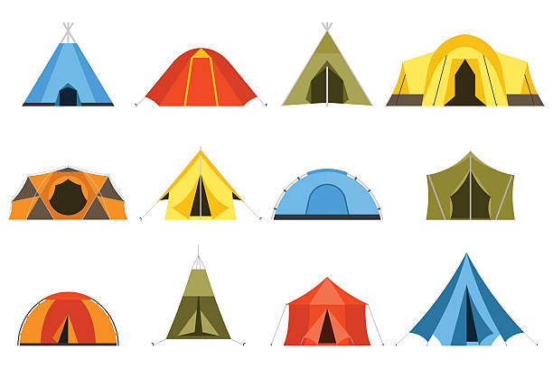 Tourist Tents Vector Icons Camping tents vector icon. Triangle and dome flat design tents. Tourist hiking tents isolated on white background. Green, blue, yellow and blue colors. Vector tent pictograms. camping illustrations stock illustrations
