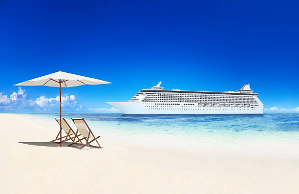 istock Beautiful Beach with Deck Chair and Cruise 516638923