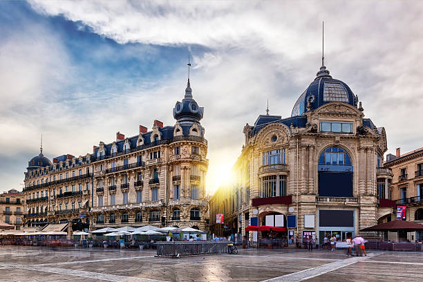 The place de la comÃ©die in Montpellier with sun stock photo