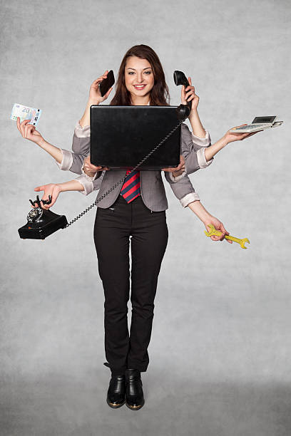 multipurpose business woman on the grey background