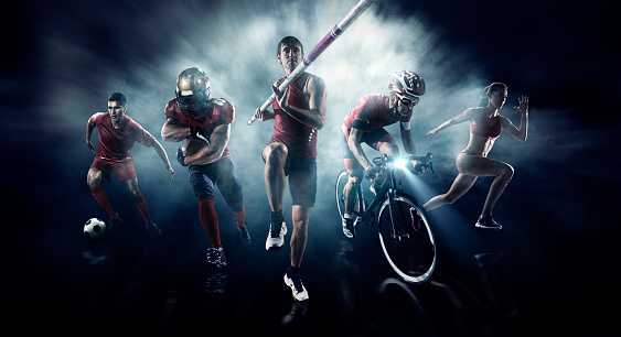 Soccer, American football, Pole vaulting, Cycle, Athletics sportsmen/women on a dramatic background