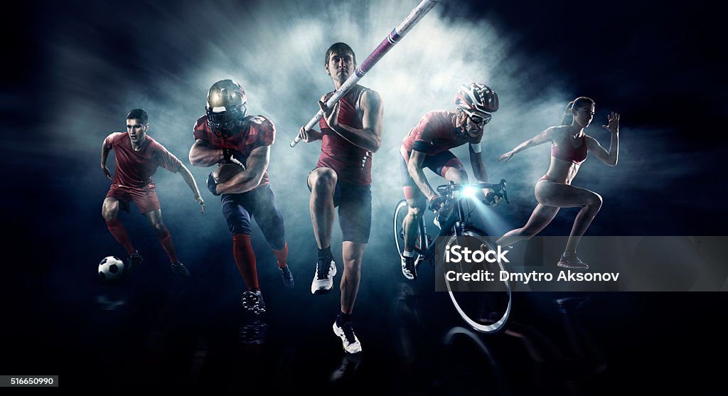 Soccer, American football, Pole vaulting, Cycle, Athletics Soccer, American football, Pole vaulting, Cycle, Athletics sportsmen/women on a dramatic background Sport Stock Photo