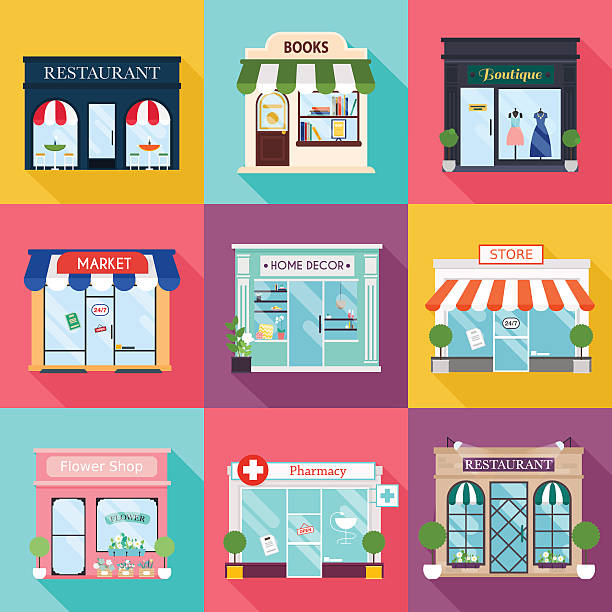 Cool set of vector detailed flat design restaurants and shops Cool set of vector detailed flat design restaurants and shops facade icons. Facade icons. Ideal for business web publications and graphic design. Flat style vector illustration. store stock illustrations