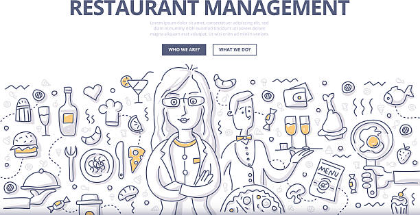 Restaurant Management Doodle Concept Doodle vector illustration of businesswoman, entrepreneur, owner, manager in restaurant industry. Restaurant management concept with food, cooking, cafe services elements for web banners, hero images, printed materials restaurant supervisor stock illustrations