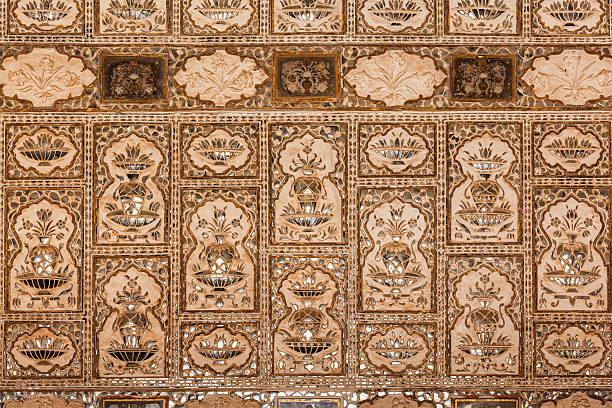 Hall of Mirrors wall in Amber fort palace. Rajasthan, India