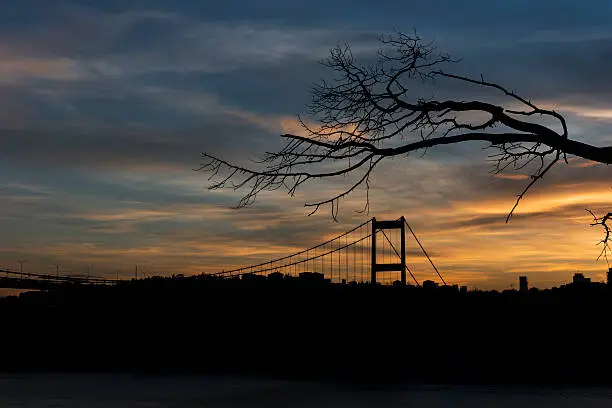 Sunset silhouette view in istanbul. Fatih Sultan Mehmet Bridge at night Istanbul / Turkey