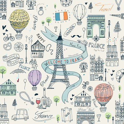 lovely France travel poster with famous attractions and specialties