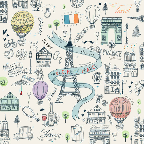 France travel poster lovely France travel poster with famous attractions and specialties paris france illustrations stock illustrations