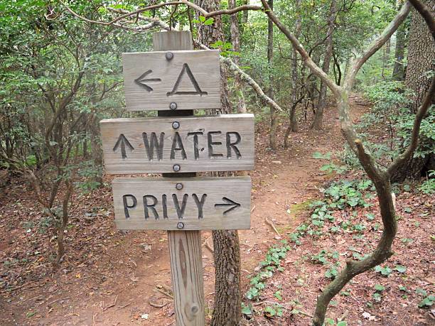 istock Tent camping water and privy sign on trail 516652921