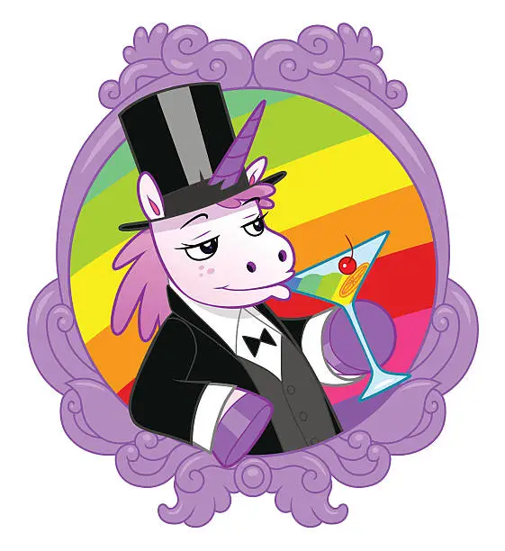 Vector illustration of Sir Unicorn drinks rainbow cocktail