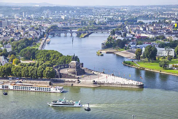 German Corner (Deutsches Eck) - monument at the confluence of Rhine and Mosel rivers in Koblenz, Germany
