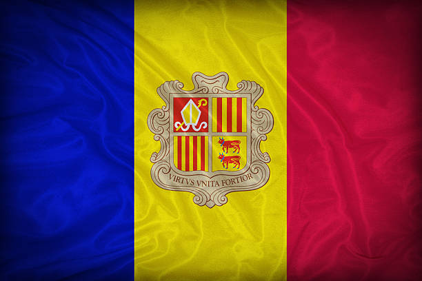 istock Andorra flag pattern on the fabric texture ,vintage style 516654923