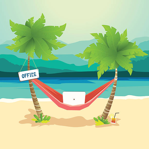 ヤシの木につないだハンモック、作業、ノートパソコンビーチの - hammock relaxation palm tree outdoors点のイラスト素材／クリップアート素材／マンガ素材／アイコン素材