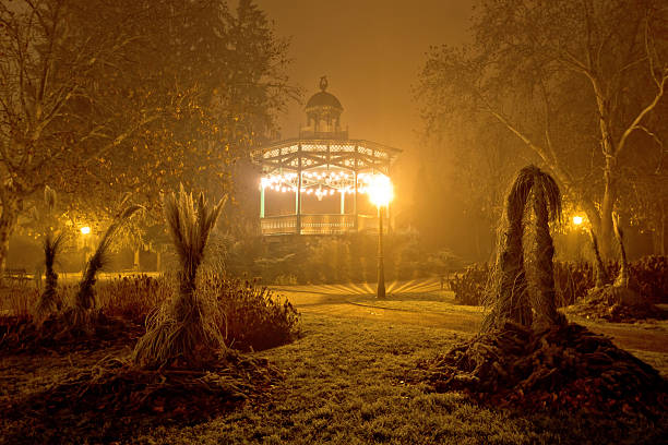 Foggy night view of park pavillion in Koprivnica, Croatia