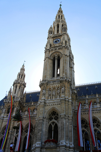 The Vienna City Hall, also known as the Rathaus. The banners are in celebration of the Pride festival. 