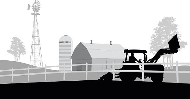 Organic Farmer A vector silhouette illustration of a farm with a tractor driving past a fence in the foregroup with a bar, grain elevator, and windmill in the backgroup. granary stock illustrations