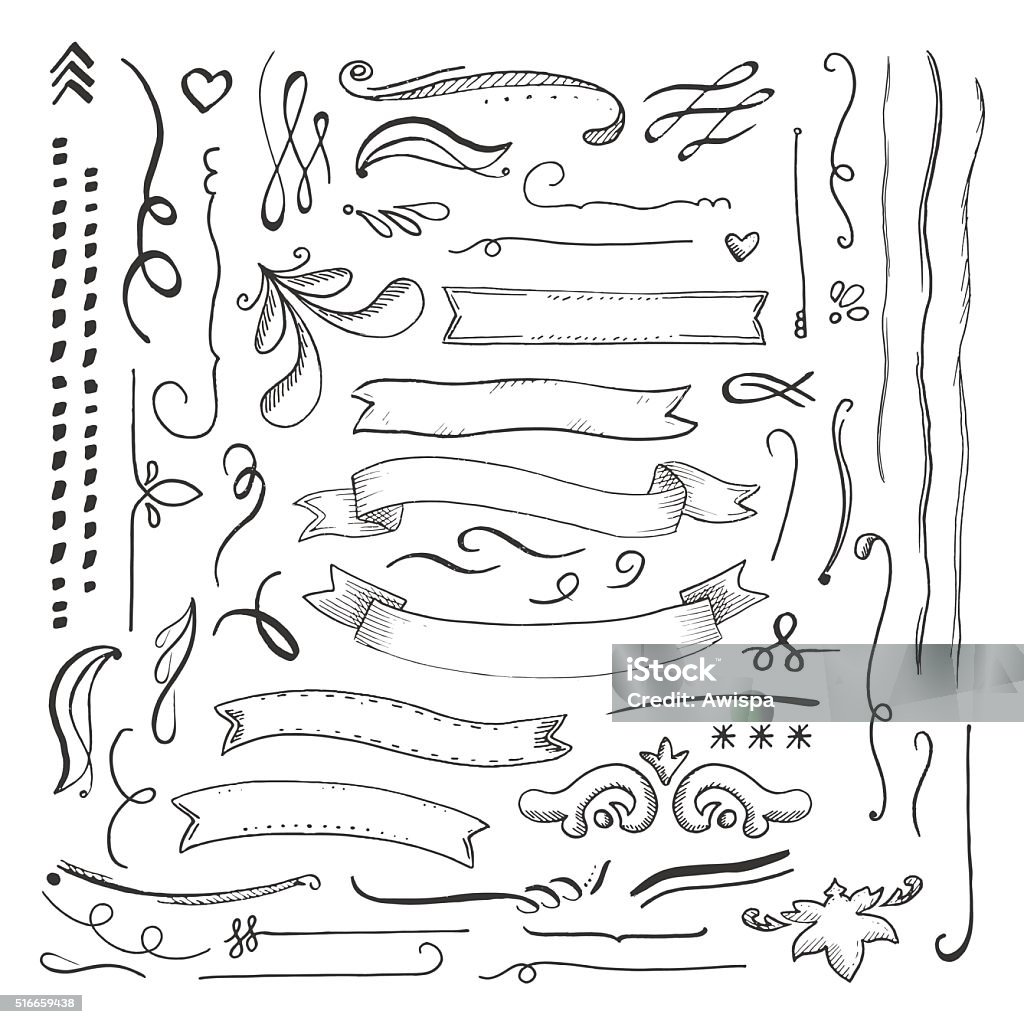 Ink engaved hand drawn decorative elements set Ink engaved hand drawn decorative elements set on white background Banner - Sign stock vector