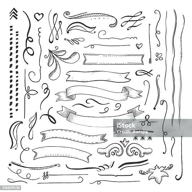 Ink Engaved Hand Drawn Decorative Elements Set Stock Illustration - Download Image Now - Banner - Sign, Drawing - Art Product, Border - Frame