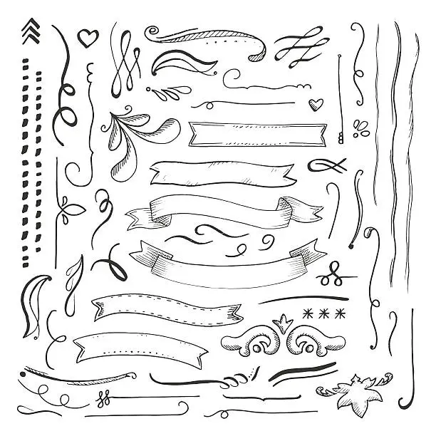 Vector illustration of Ink engaved hand drawn decorative elements set