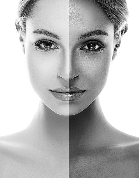 istock Beautiful woman face close up before after isolated on white 516660484