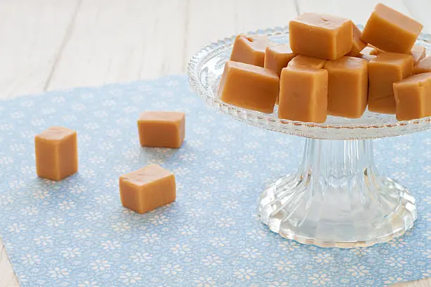 Sweet caramel toffees, fudges on an etagere