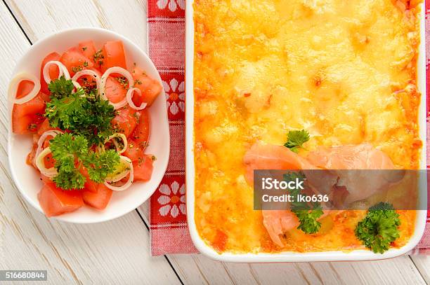 Casserole With Smoked Salmon Potatoes Leek And Cheese Stock Photo - Download Image Now