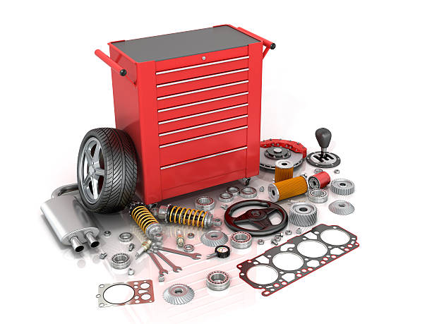 istock Red tool box with scattered around the vehicle parts 516681142