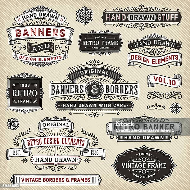 Hand Drawn Banners And Frames Stock Illustration - Download Image Now - 1880-1889, Design Element, Pattern