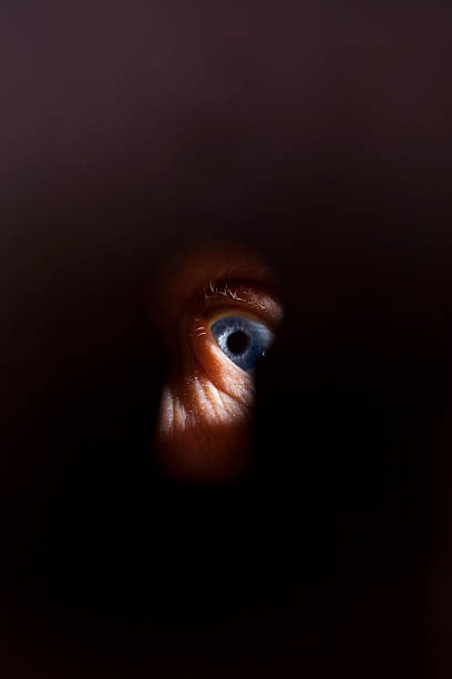 istock Creepy blue eye peers through old-fashioned keyhole. 516681897