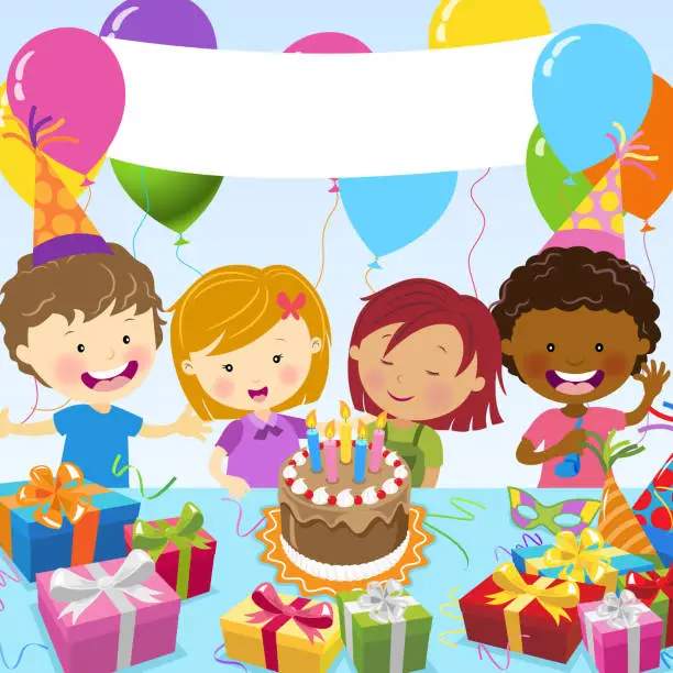 Vector illustration of Multi-Ethnic Kids Celebrate Birthday Party