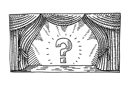 Hand-drawn vector drawing of a Stage with Spotlight on a Question Mark Symbol. Black-and-White sketch on a transparent background (.eps-file). Included files are EPS (v10) and Hi-Res JPG.