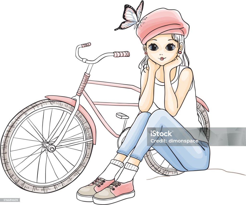 Girl with a bicycle Cute young girl in pink hat with a bicycle. Vector hand drawn illustration. EPS 10 file, contains transparencies. 18-19 Years stock vector