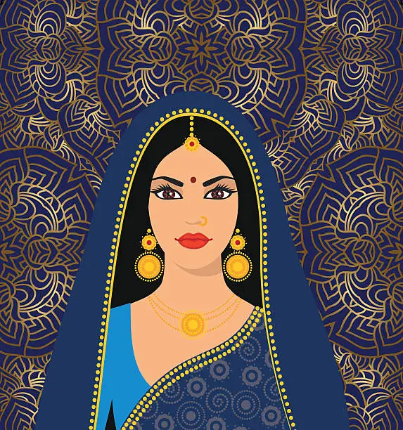 Vector illustration of Beautiful Indian brunette young woman in colorful sari