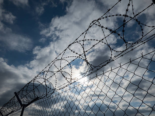 istock Fence with barbed wire and dark blue sky 516685541
