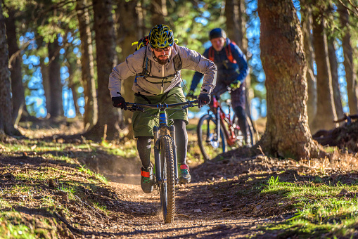 People enjoying mountain biking in forest with trees in background.