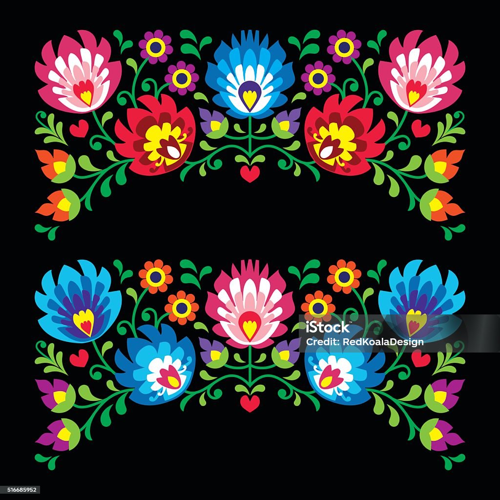 Polish Floral Folk Embroidery Patterns For Card On Black Stock Illustration  - Download Image Now - iStock